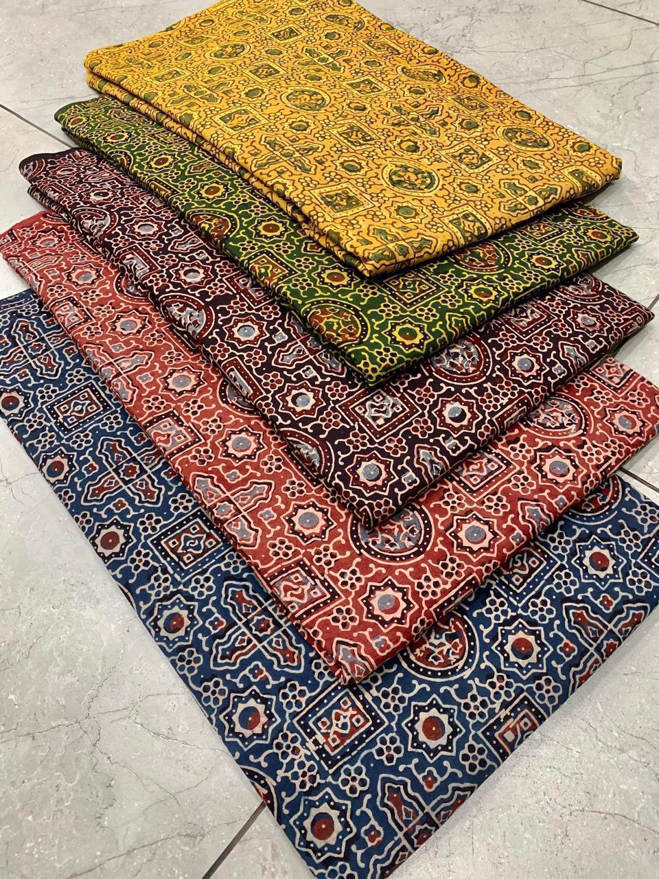 Indigo riyal multi-colour Ajrakh pure cotton fabric with intricate motifs – artisan-made wholesale textile Fabtexs
